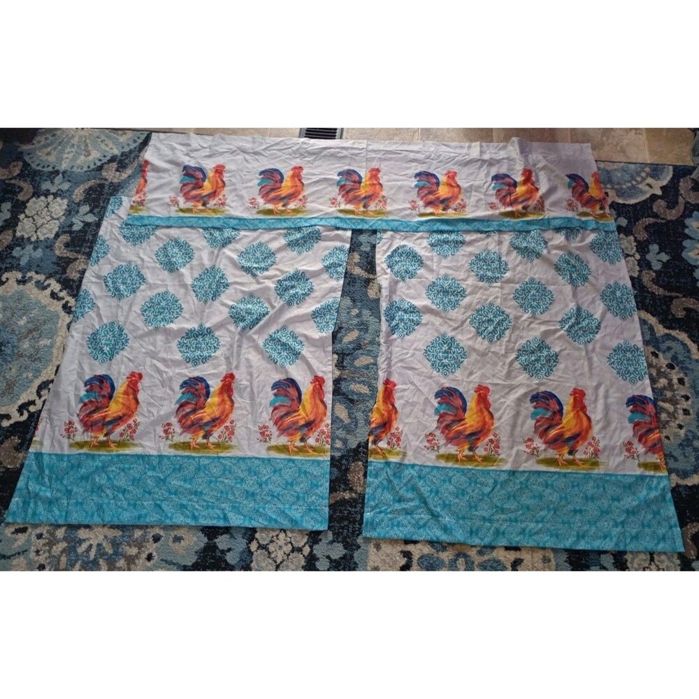 3 pc Curtains Set: 2 Tiers & Valance COUNTRY ROOSTERS Farmhouse Kitchen Boho